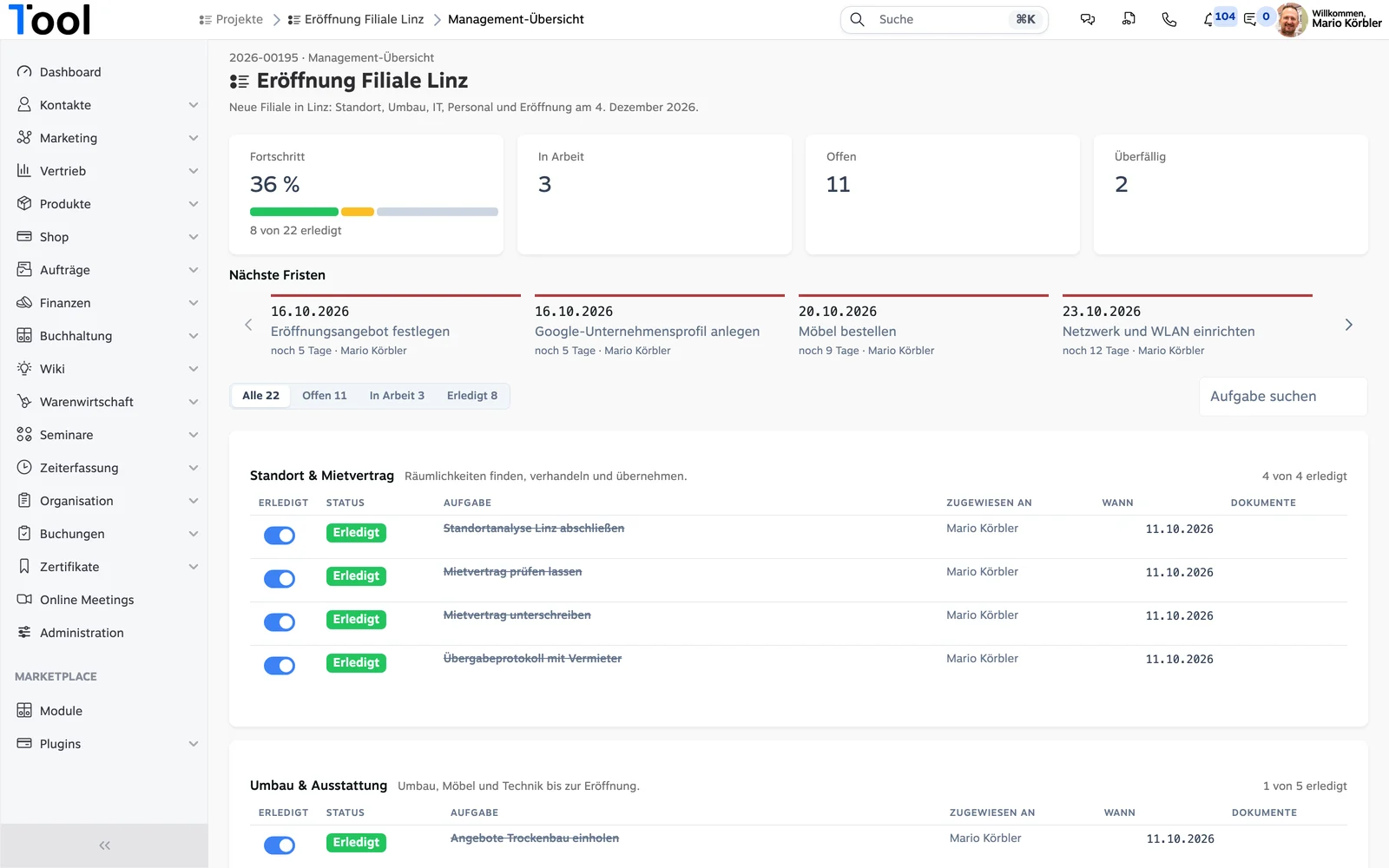 Management overview: every project at a glance in 1Tool