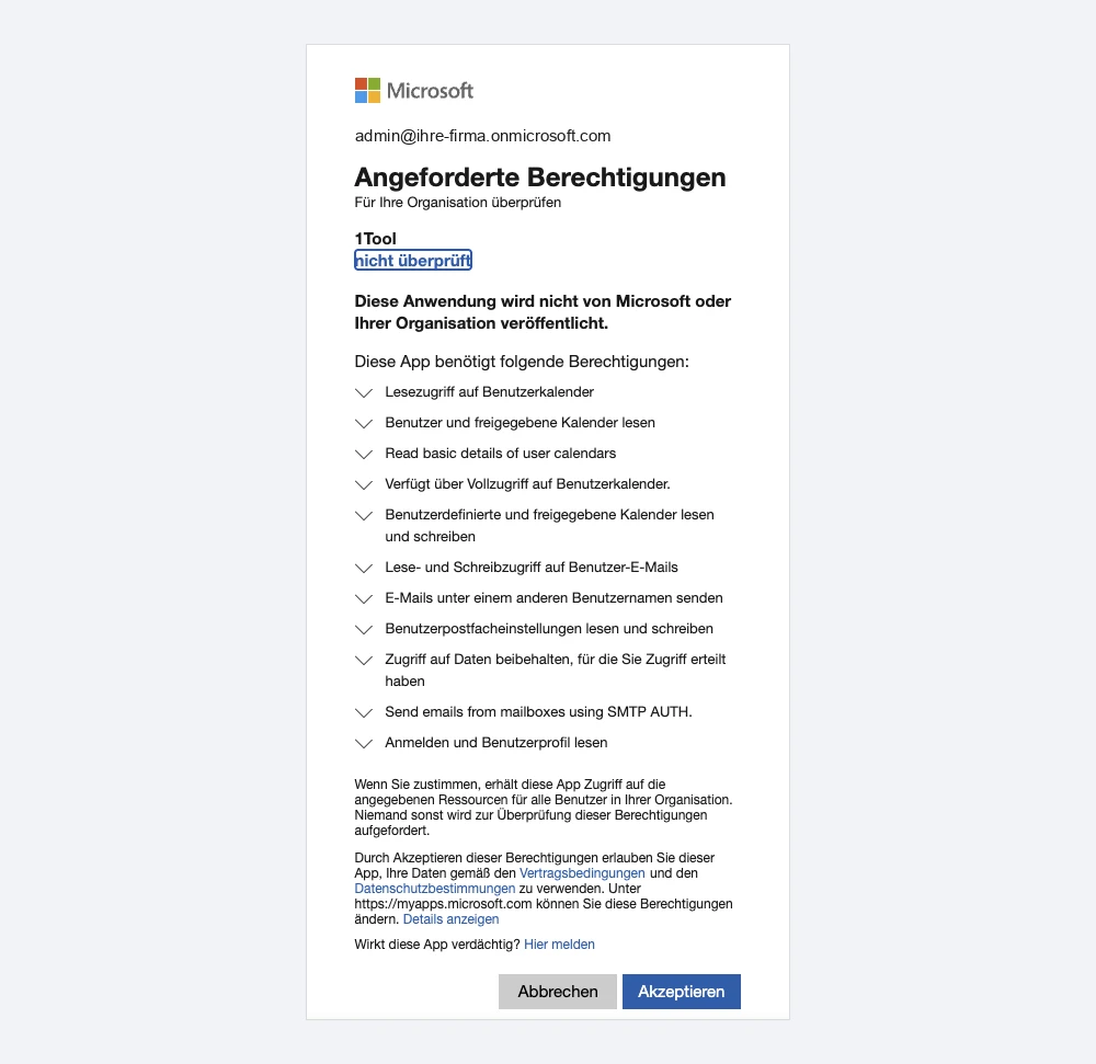 Die Microsoft-Seite „Angeforderte Berechtigungen“ mit der App 1Tool und dem Knopf „Akzeptieren“