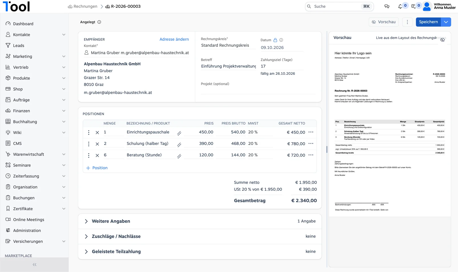 Creating an invoice in 1Tool: the form on the left, the live preview in the invoice circle's layout on the right