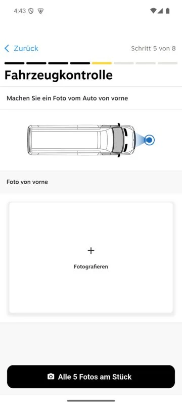 Application de flotte WUMS 3.1 : appareil photo guidé avec le bouton « Les 5 photos d’un coup » à l’étape 5 sur 8 (interface en allemand)