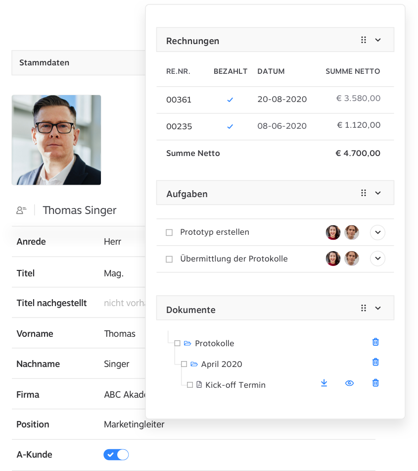 Kontaktprofil in 1Tool mit Historie, Angeboten und Rechnungen