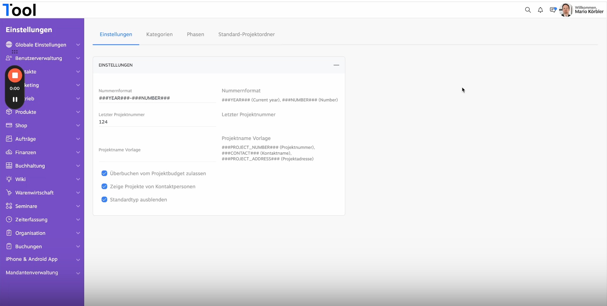 Projekteinstellungen Neu