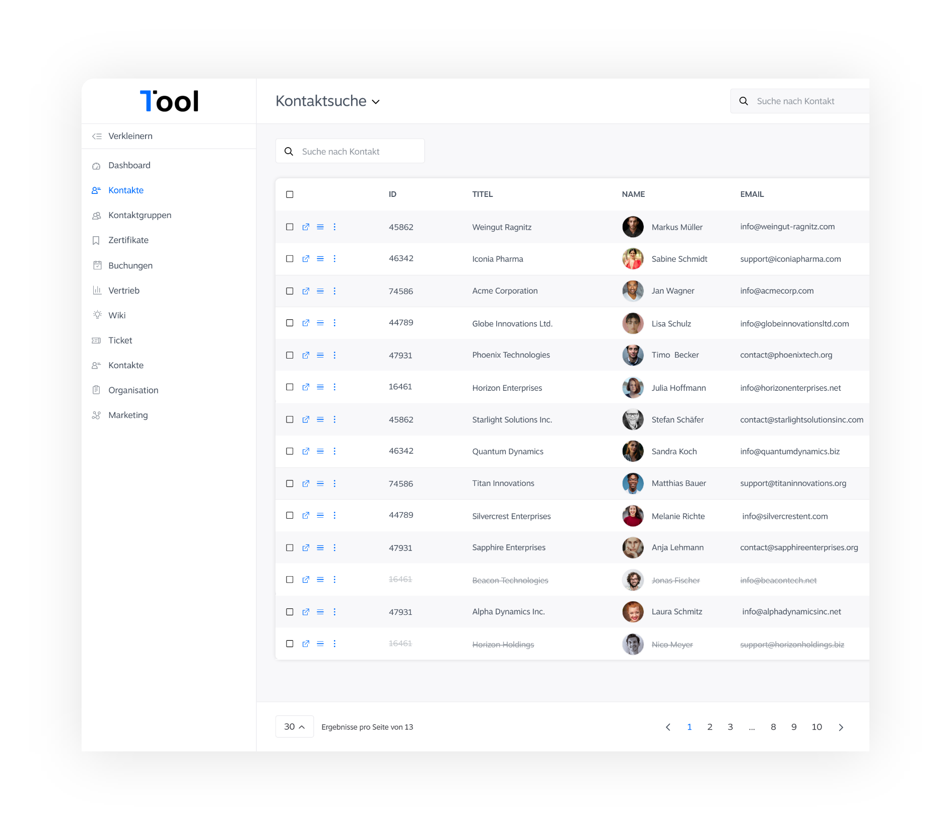 Kontaktsuche in 1Tool mit der Liste aller Kontakte