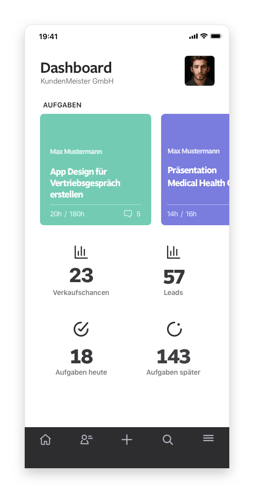 Dashboard of the 1Tool App CRM software.