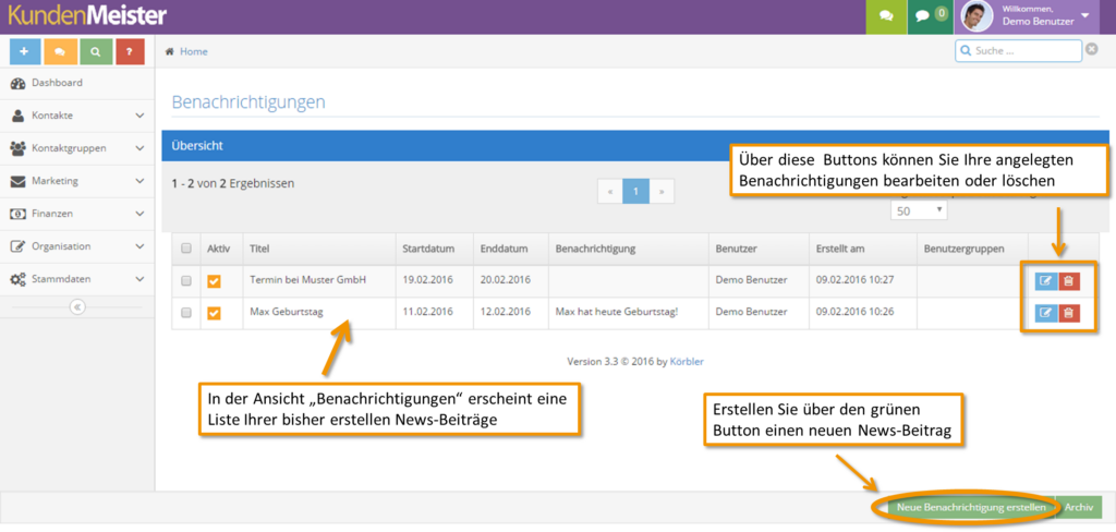 Benachrichtigungen Ansicht