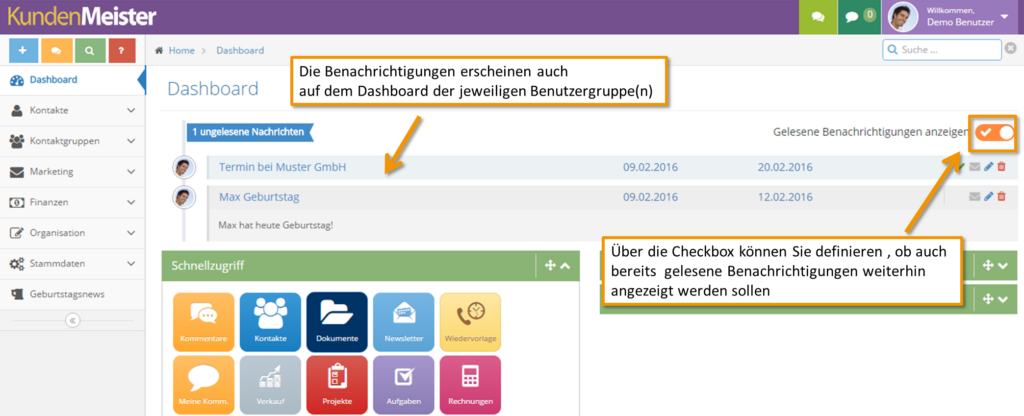 Dashboard Benachrichtigungen