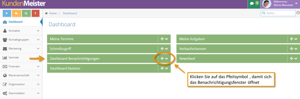 Dashboard Benachrichtungen Anzeige