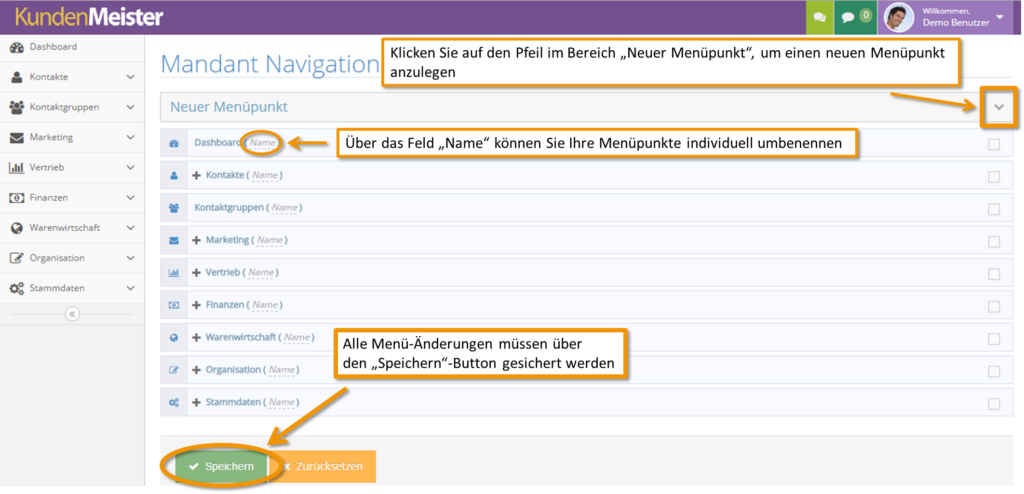 Menüstruktur Ansicht
