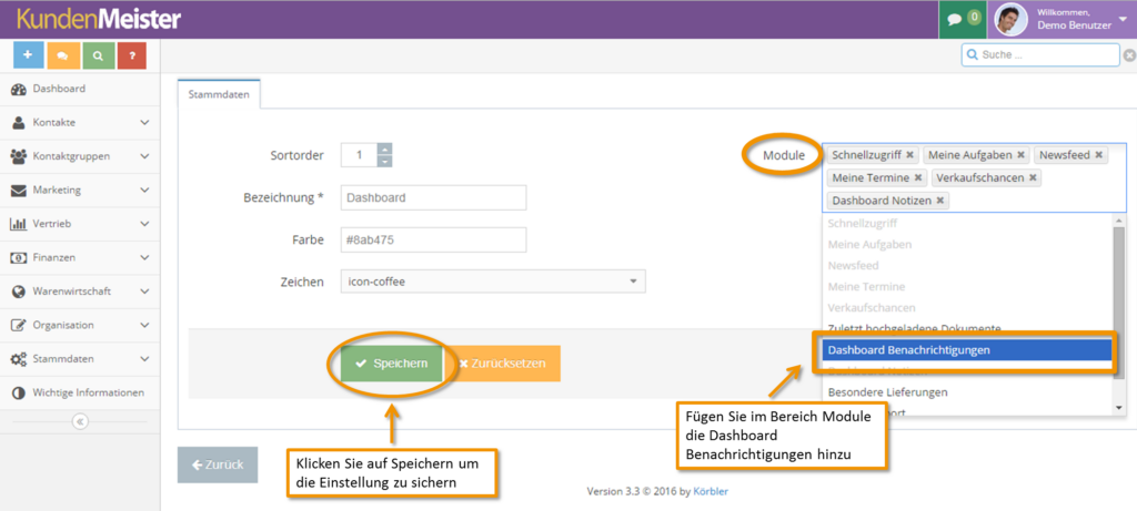 Module Dashboard Benachrichtigungen
