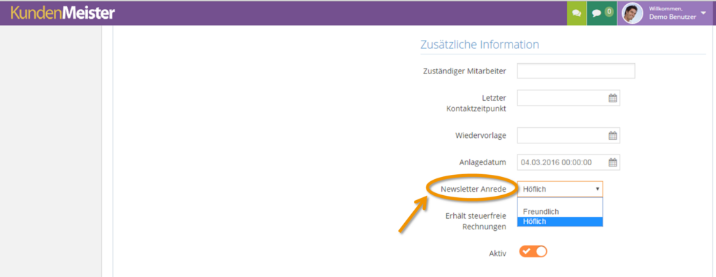 1Tool | Newsletter Anrede Neuer Kontakt