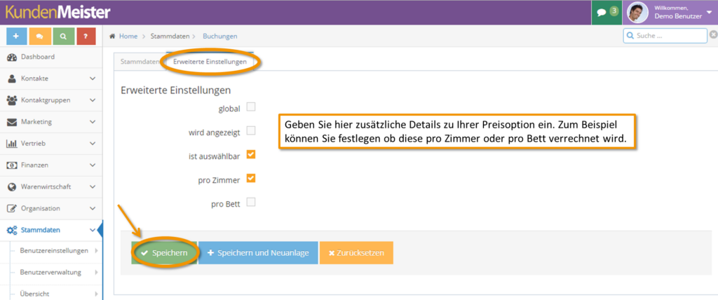 Preisoption Erweiterte Einstellungen