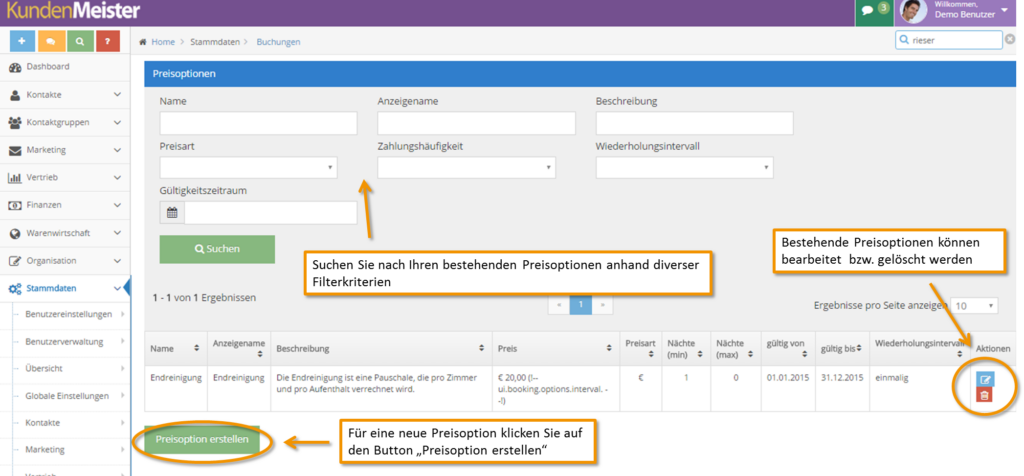 Preisoptionen Übersicht