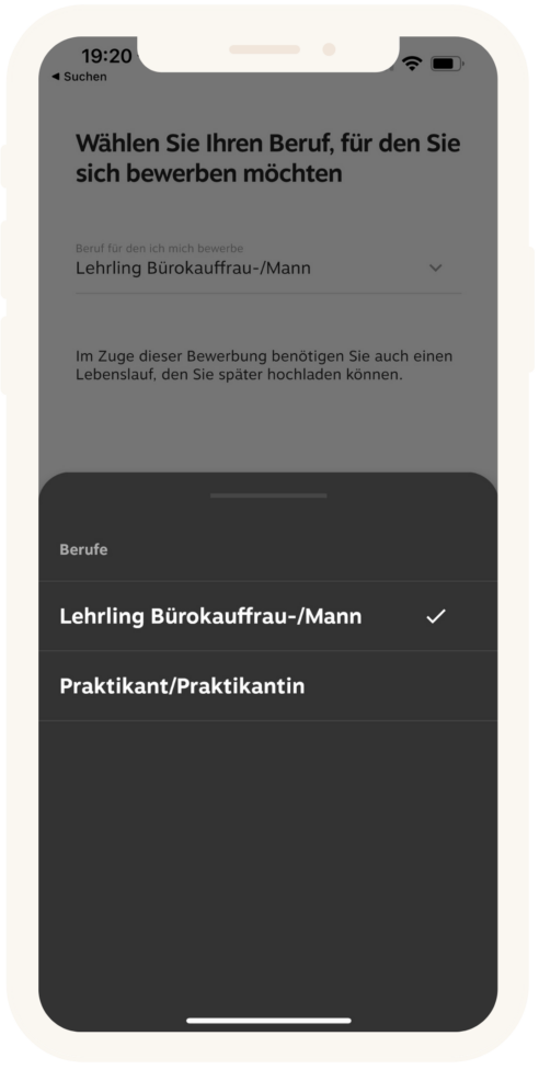 Screenshot der Bewerber App; Recruiting App