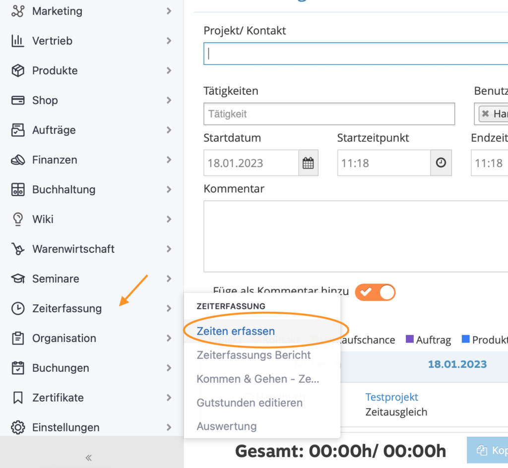 Neuer Zeiterfassungseintrag 4 1Tool | Bildschirmfoto 2023 01 18 um 11.19.13