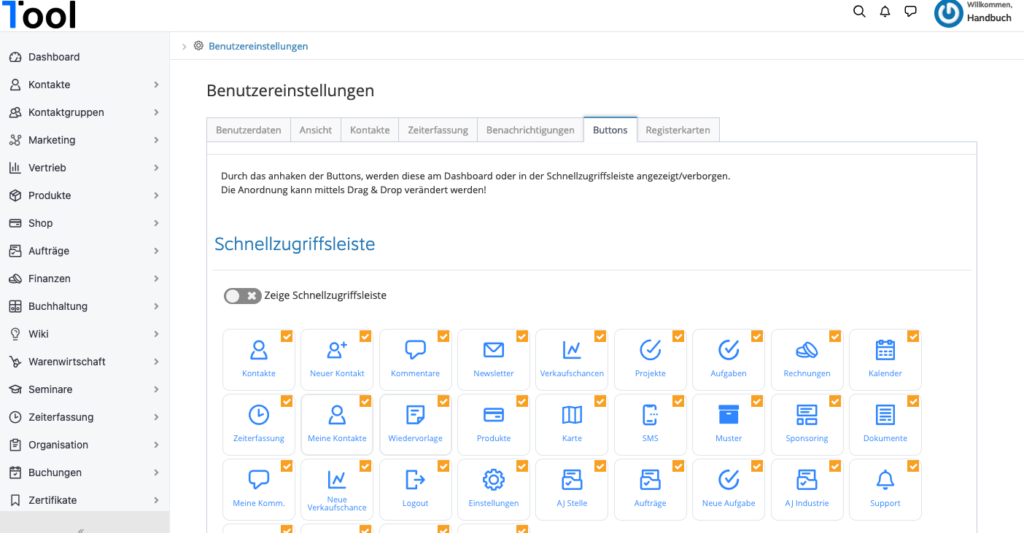 Screenshot mit Darstellung der Buttons für Benutzereinstellungen.