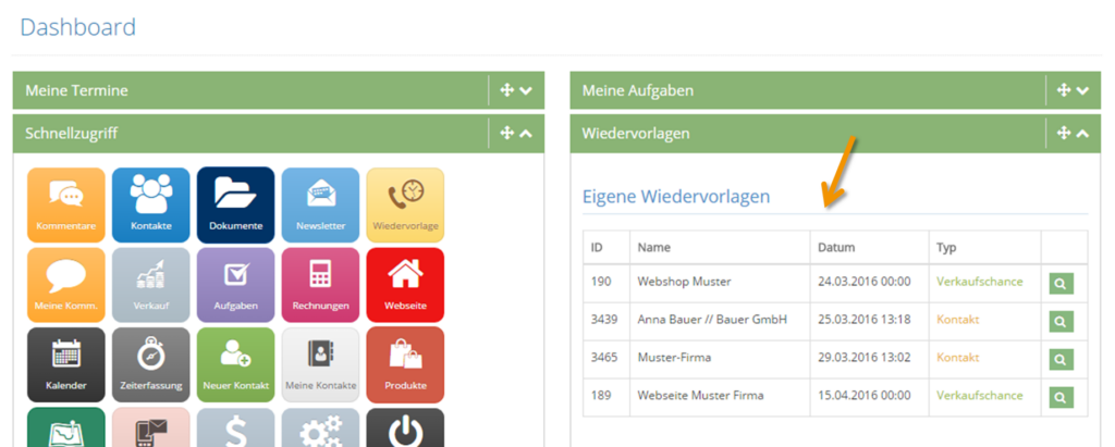 1Tool | Wiedervorlagen Dashboard